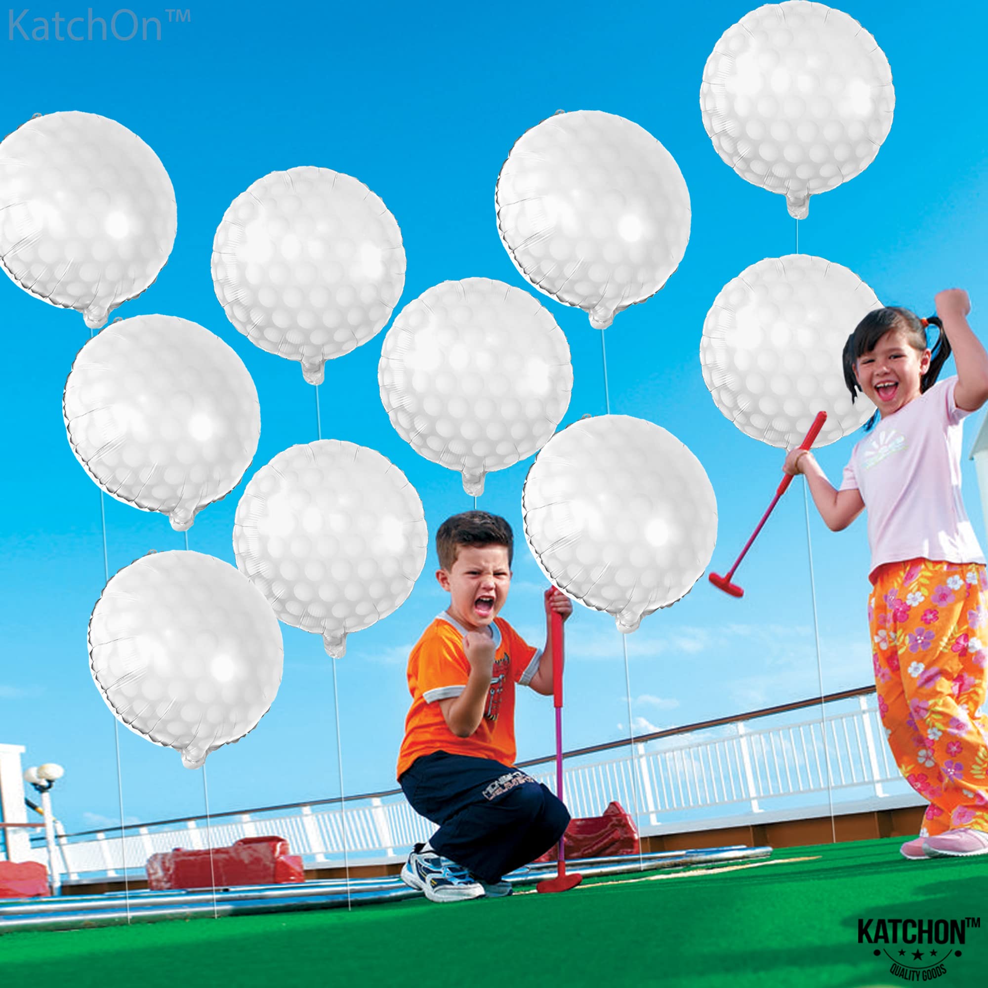 KatchOn, 10 Pcs Golf Balloons for Birthday Party - 18 Inch | Foil Golf Ball Balloons for Golf Party Decorations, Hole In One Birthday Decorations | Golf Party Supplies, Golf Birthday Party Decorations