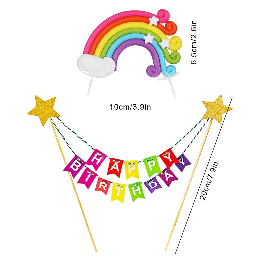 Xihuimay 15pcs Cake Topper Birthday Set Happy Birthday Banner Topper Handmade Cupcake Topper including Colorful Rainbow Clouds Balloon Stars Picks for Boys Girls Birthday Party Decoration