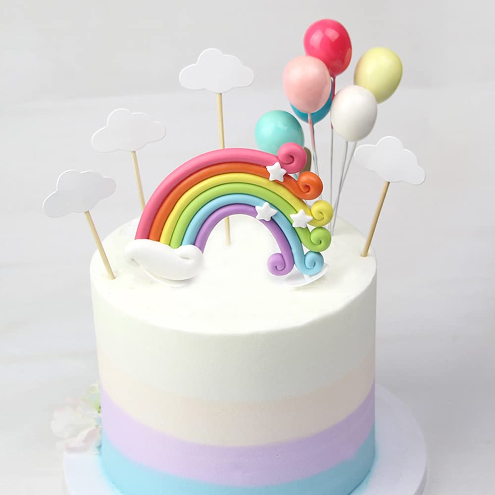 Xihuimay 15pcs Cake Topper Birthday Set Happy Birthday Banner Topper Handmade Cupcake Topper including Colorful Rainbow Clouds Balloon Stars Picks for Boys Girls Birthday Party Decoration