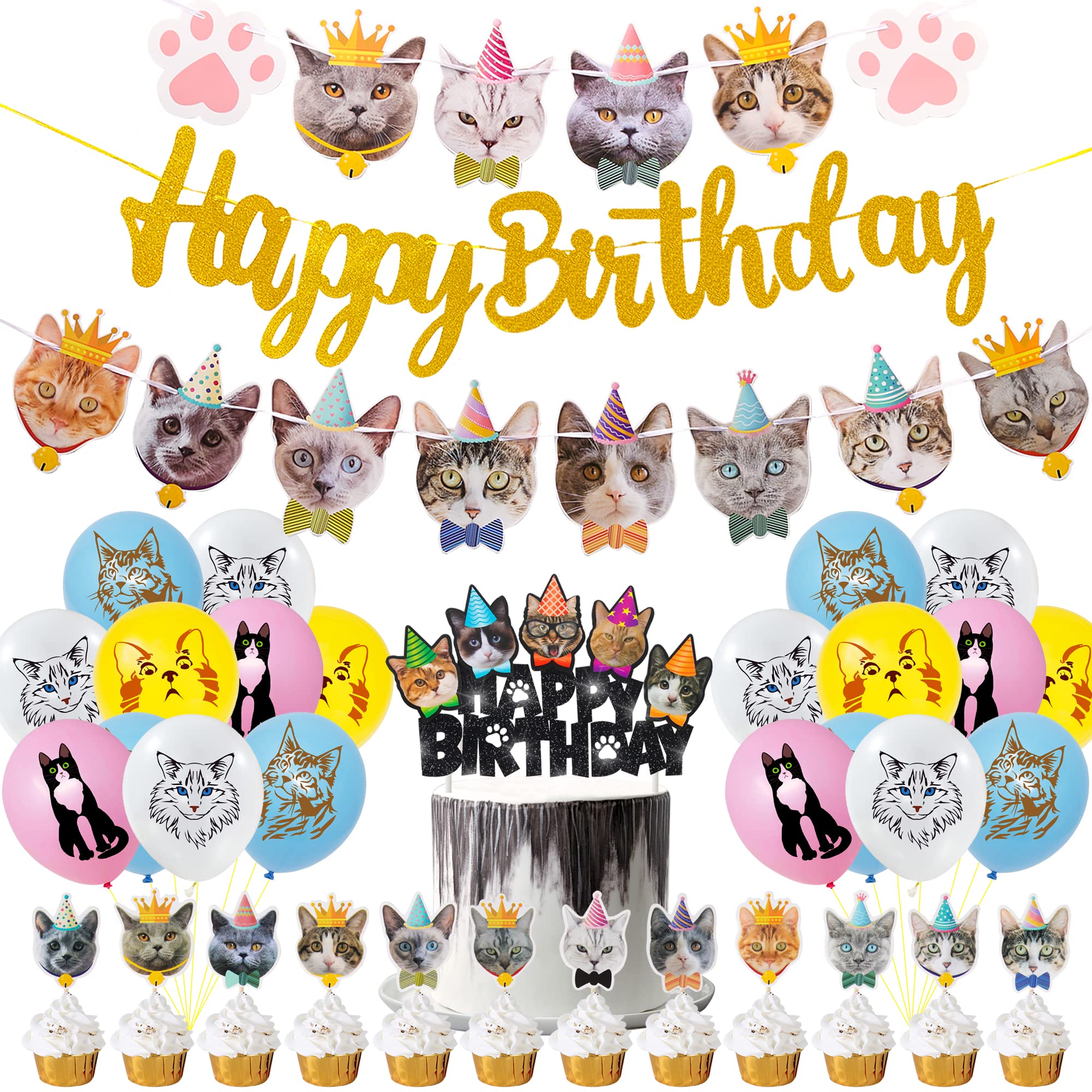 42pcs Cat Birthday Party Decoration Set, Cat Face Banner Latex Balloons Kitten Happy Birthday Cake Cupcake Toppers for Meow Kitty Theme Birthday Party Supplies