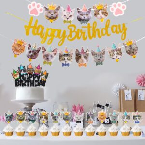 42pcs Cat Birthday Party Decoration Set, Cat Face Banner Latex Balloons Kitten Happy Birthday Cake Cupcake Toppers for Meow Kitty Theme Birthday Party Supplies