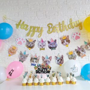 42pcs Cat Birthday Party Decoration Set, Cat Face Banner Latex Balloons Kitten Happy Birthday Cake Cupcake Toppers for Meow Kitty Theme Birthday Party Supplies