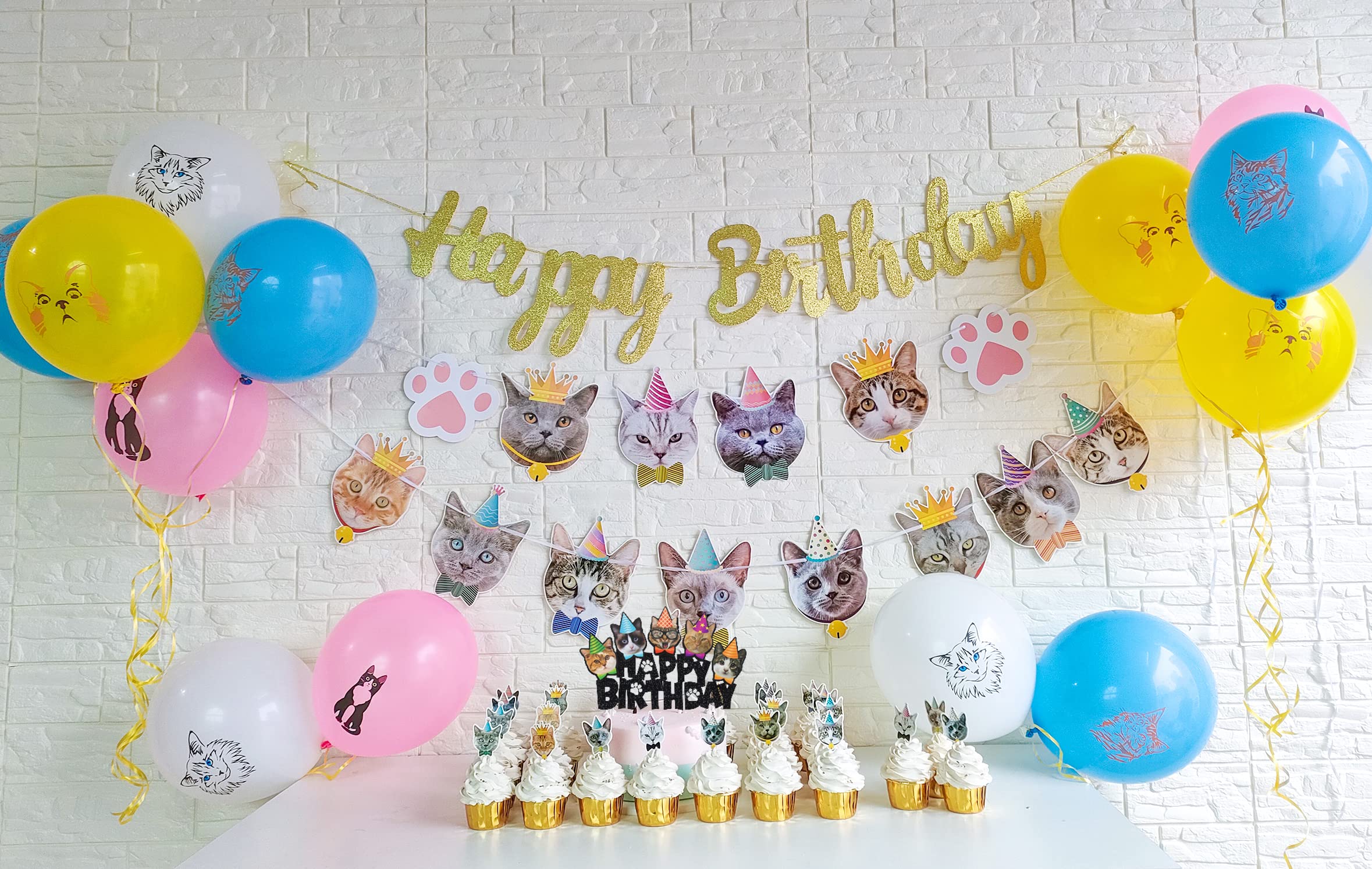 42pcs Cat Birthday Party Decoration Set, Cat Face Banner Latex Balloons Kitten Happy Birthday Cake Cupcake Toppers for Meow Kitty Theme Birthday Party Supplies