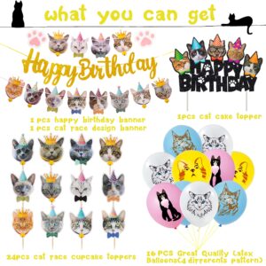 42pcs Cat Birthday Party Decoration Set, Cat Face Banner Latex Balloons Kitten Happy Birthday Cake Cupcake Toppers for Meow Kitty Theme Birthday Party Supplies