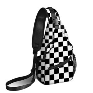 yrebyou black white checker chest sling bag crossbody backpack travel hiking for women men multipurpose lightweight fashion shoulder bag for biking climbing runner