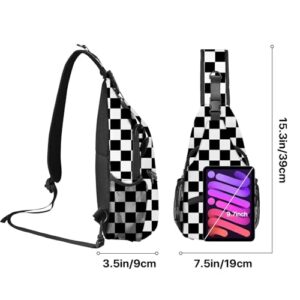 Yrebyou Black White Checker Chest Sling Bag Crossbody Backpack Travel Hiking for Women Men Multipurpose Lightweight Fashion Shoulder Bag for Biking Climbing Runner