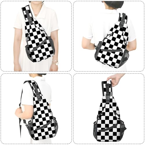 Yrebyou Black White Checker Chest Sling Bag Crossbody Backpack Travel Hiking for Women Men Multipurpose Lightweight Fashion Shoulder Bag for Biking Climbing Runner