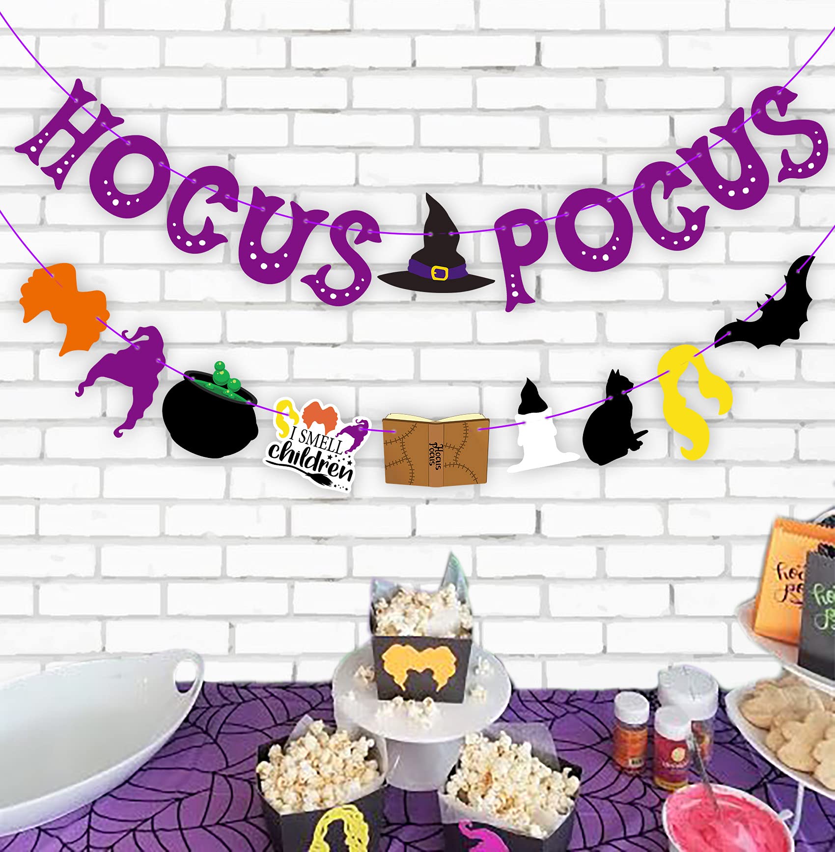 Joy Bang Halloween Hocus Pocus Decoration, Hocus Pocus Theme Banner Spell Book Cat Witch Hats, Witches Stisters Banner Wall Decor for Home Classroom Office, Party Supplies for Kids Adults