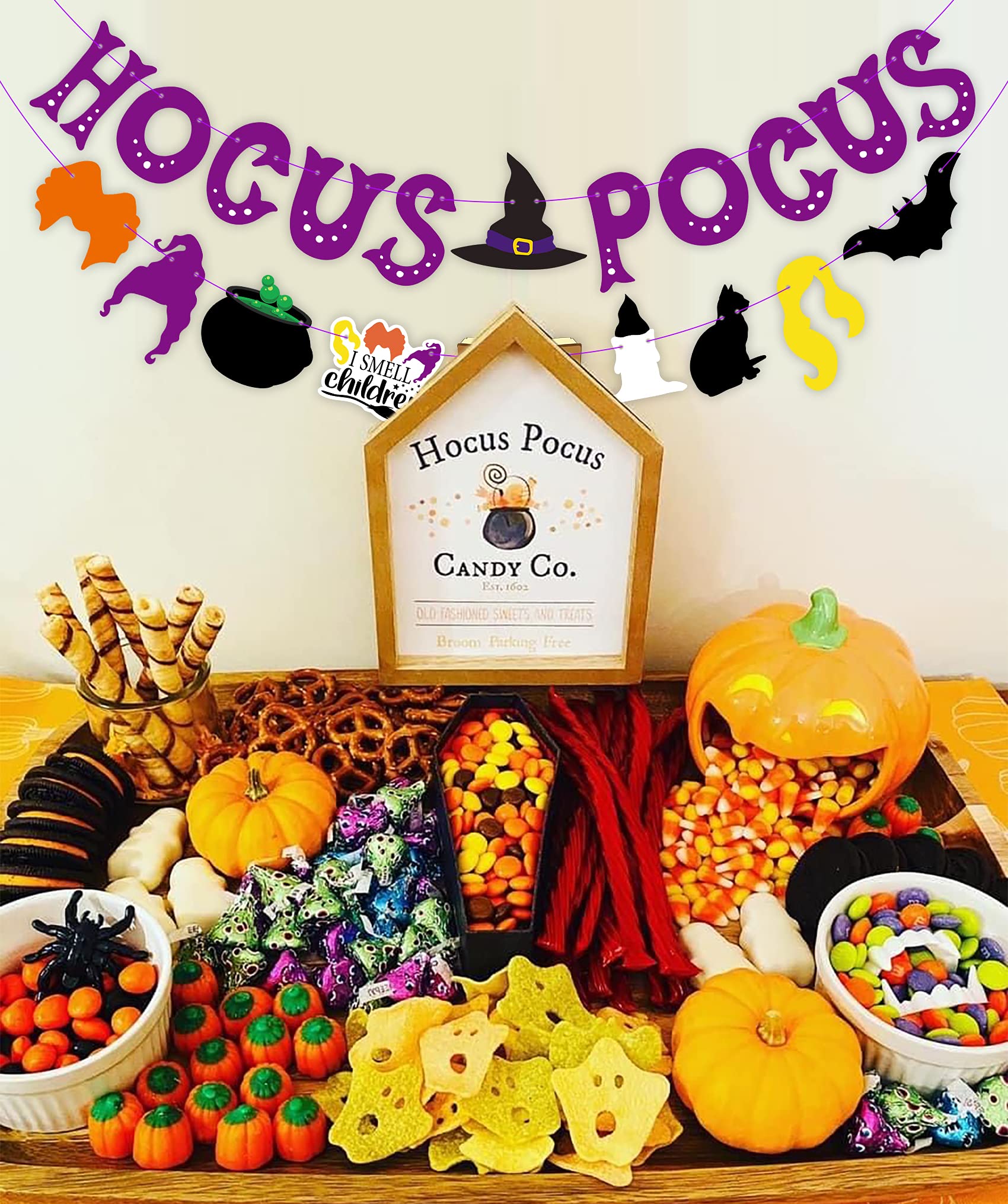 Joy Bang Halloween Hocus Pocus Decoration, Hocus Pocus Theme Banner Spell Book Cat Witch Hats, Witches Stisters Banner Wall Decor for Home Classroom Office, Party Supplies for Kids Adults