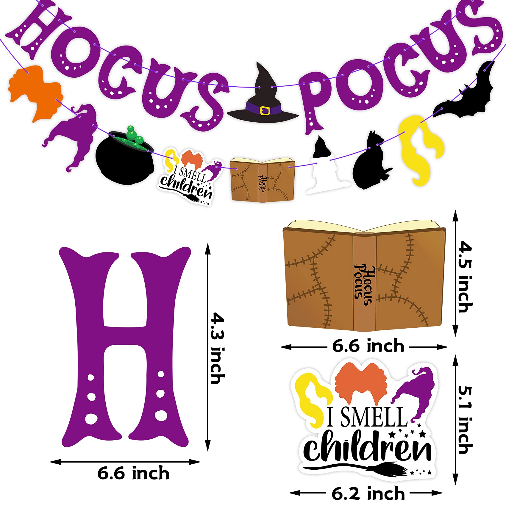 Joy Bang Halloween Hocus Pocus Decoration, Hocus Pocus Theme Banner Spell Book Cat Witch Hats, Witches Stisters Banner Wall Decor for Home Classroom Office, Party Supplies for Kids Adults