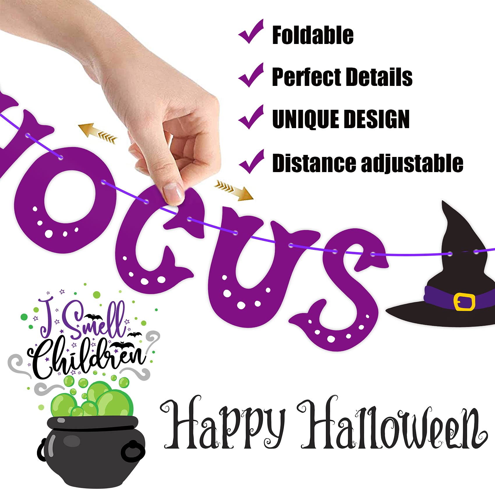 Joy Bang Halloween Hocus Pocus Decoration, Hocus Pocus Theme Banner Spell Book Cat Witch Hats, Witches Stisters Banner Wall Decor for Home Classroom Office, Party Supplies for Kids Adults