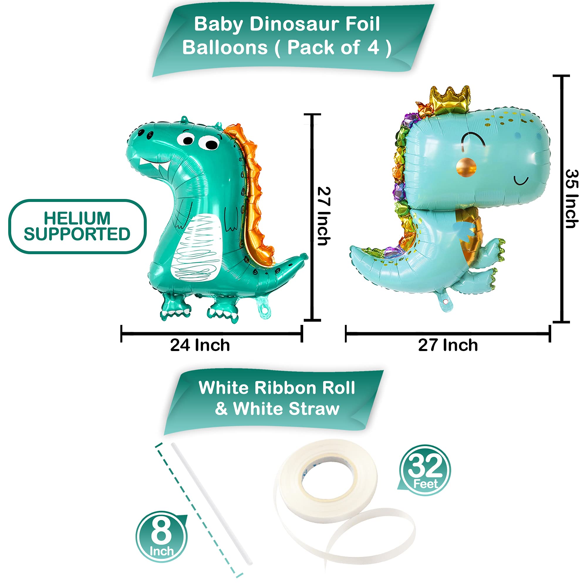 KatchOn, Large Baby Dinosaur Balloon - 35 Inch, Pack of 4 | Dinosaur Birthday Party Supplies | Dino Balloons, Baby Dinosaur Party Decorations | Girl Dinosaur Balloons, Dinosaur Baby Shower Decorations