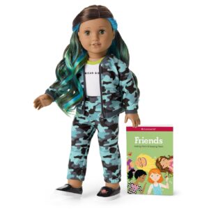 american girl truly me 18-inch doll #89 with hazel eyes, brown hair w/highlights, and tan skin in camo outfit, for ages 6+