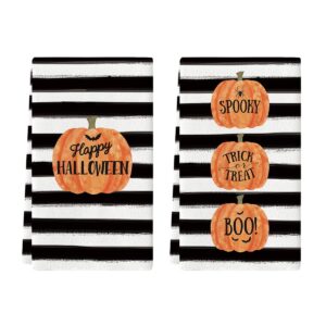 artoid mode watercolor stripes happy halloween kitchen towels and dish towels, 18 x 26 inch spooky trick boo pumpkins holiday ultra absorbent drying cloth hand towels for cooking baking set of 2
