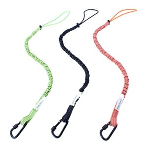 3 pack retractable tool lanyard, safety fall protection tools leash with aluminum screw lock carabiner clip and adjustable loop end, tough scaffold tether for construction roofing (black+orange+green)