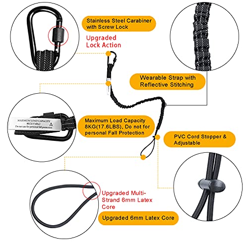 3 Pack Retractable Tool Lanyard, Safety Fall Protection Tools Leash with Aluminum Screw Lock Carabiner Clip and Adjustable Loop End, Tough Scaffold Tether for Construction Roofing (Black+Orange+Green)