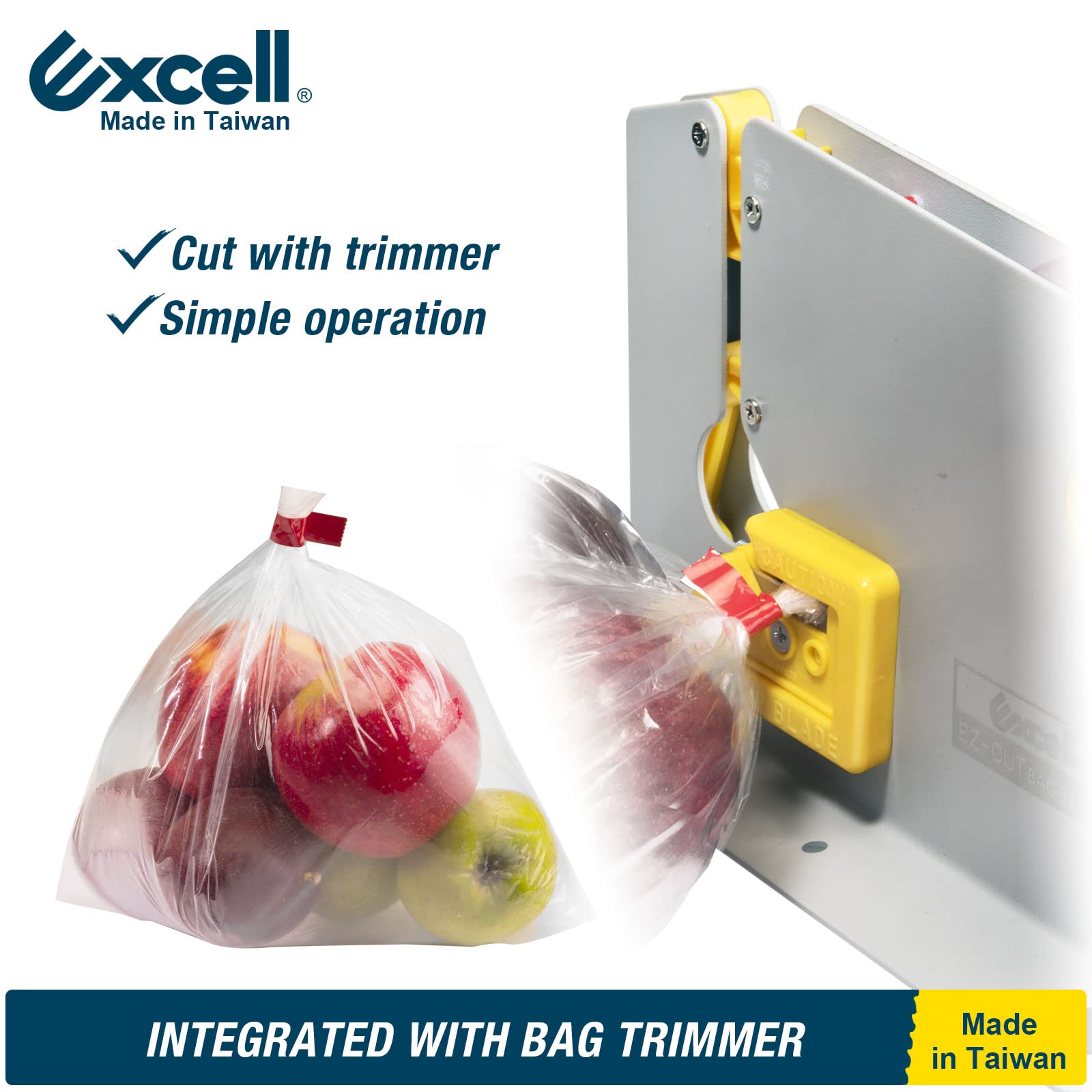 Excell EZ-CUT Tape Bag Sealer with Trimmer Blade, Bag Neck Sealer Fit 9 mm Tape, for Candy, Bread and Ground Meat Packaging (9 mm)