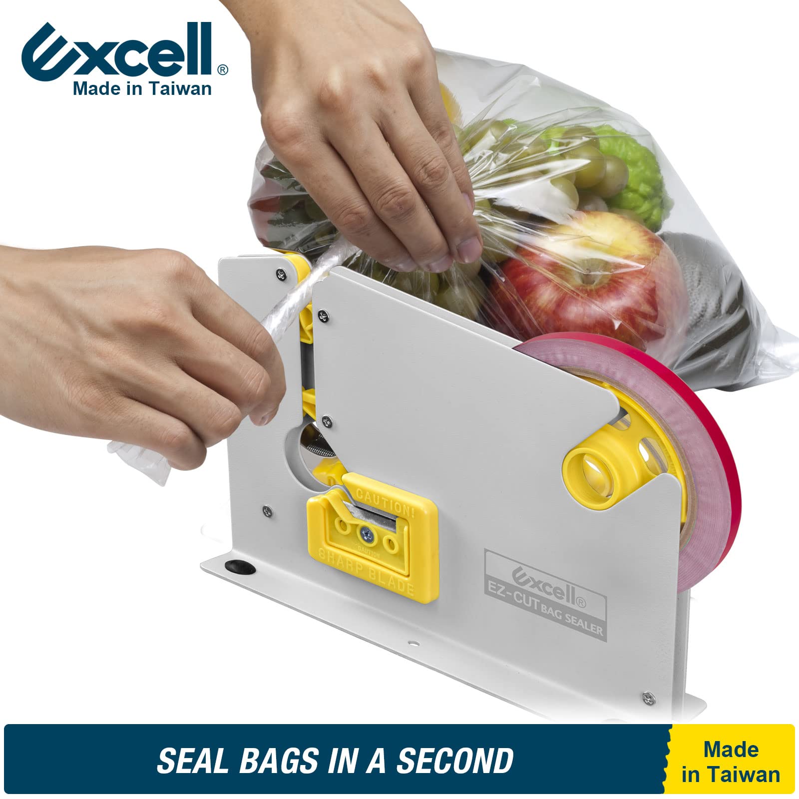 Excell EZ-CUT Tape Bag Sealer with Trimmer Blade, Bag Neck Sealer Fit 9 mm Tape, for Candy, Bread and Ground Meat Packaging (9 mm)