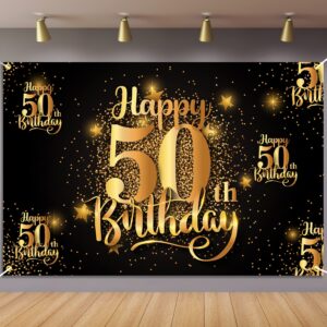 mnixy happy 50th birthday backdrop banner step and repeat 50 years old background decorations for women men her him photography party supplies glitter black gold (1)