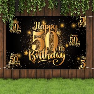 Mnixy Happy 50th Birthday Backdrop Banner Step and Repeat 50 Years Old Background Decorations for Women Men Her Him Photography Party Supplies Glitter Black Gold (1)