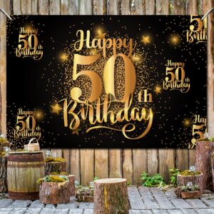 Mnixy Happy 50th Birthday Backdrop Banner Step and Repeat 50 Years Old Background Decorations for Women Men Her Him Photography Party Supplies Glitter Black Gold (1)