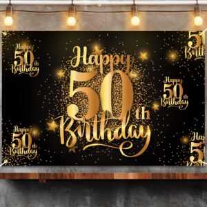 Mnixy Happy 50th Birthday Backdrop Banner Step and Repeat 50 Years Old Background Decorations for Women Men Her Him Photography Party Supplies Glitter Black Gold (1)