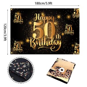 Mnixy Happy 50th Birthday Backdrop Banner Step and Repeat 50 Years Old Background Decorations for Women Men Her Him Photography Party Supplies Glitter Black Gold (1)