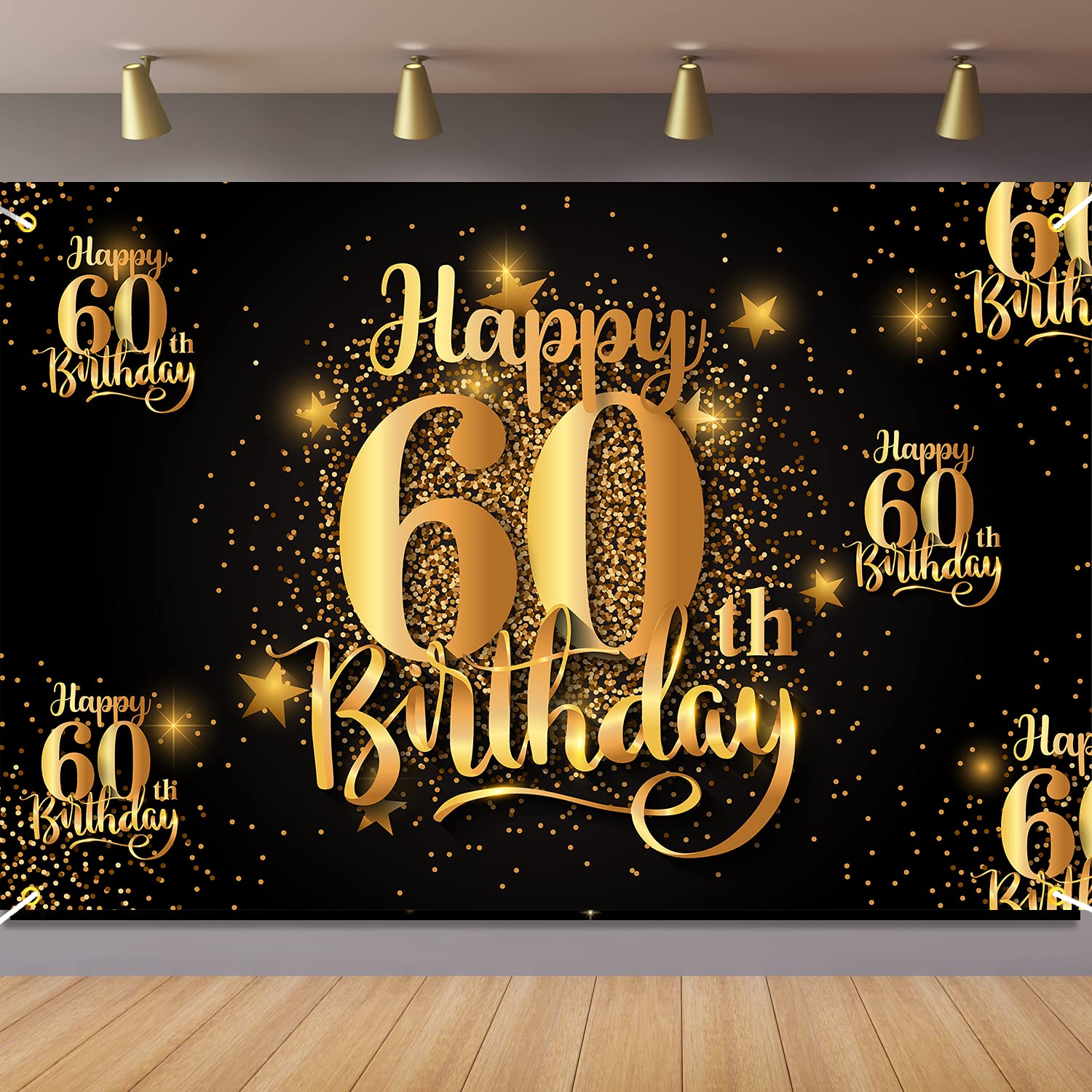 NC Happy 60th Birthday Backdrop Banner Step and Repeat 60 Years Old Background Decorations for Women Men Her Him Photography Party Supplies Glitter Black Gold