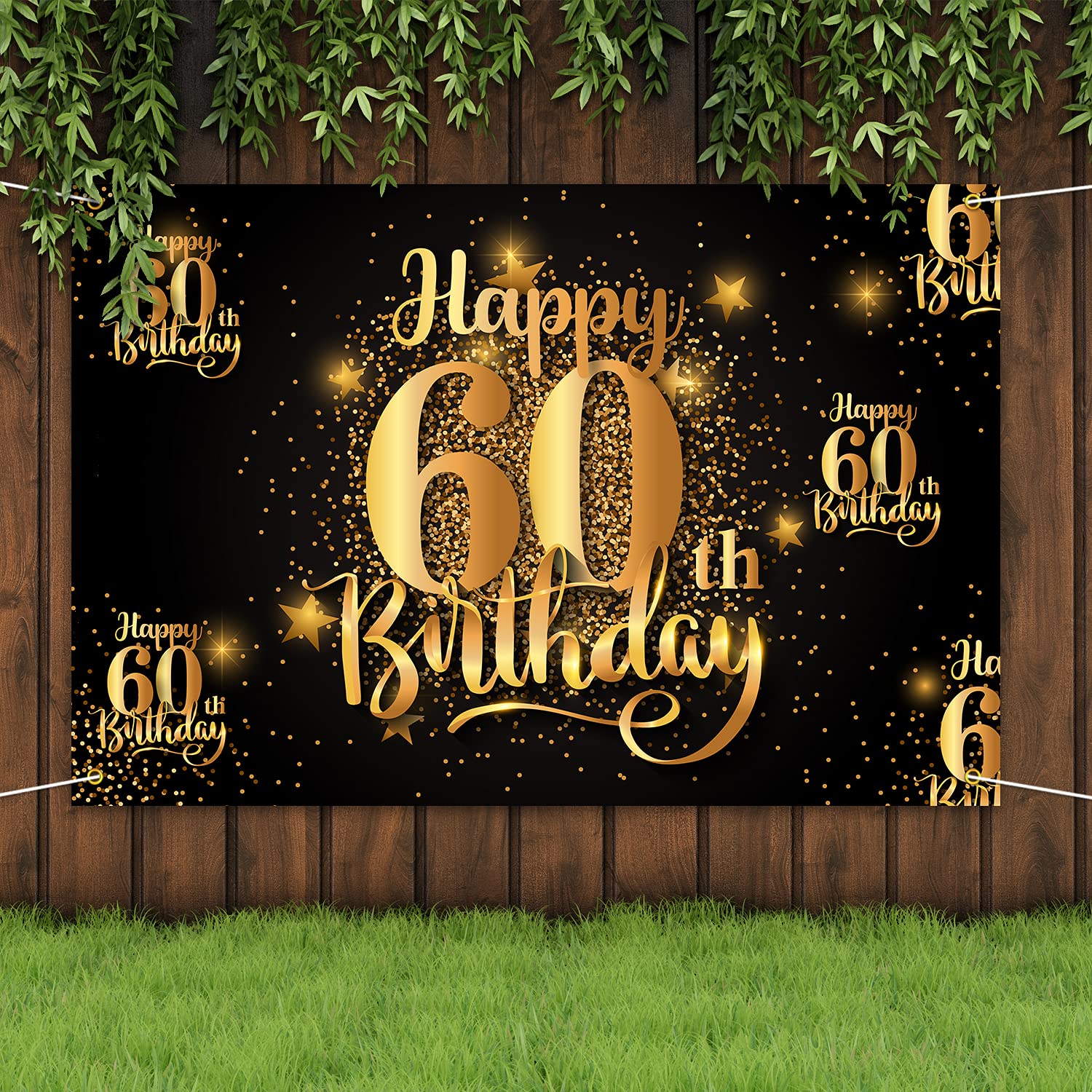 NC Happy 60th Birthday Backdrop Banner Step and Repeat 60 Years Old Background Decorations for Women Men Her Him Photography Party Supplies Glitter Black Gold
