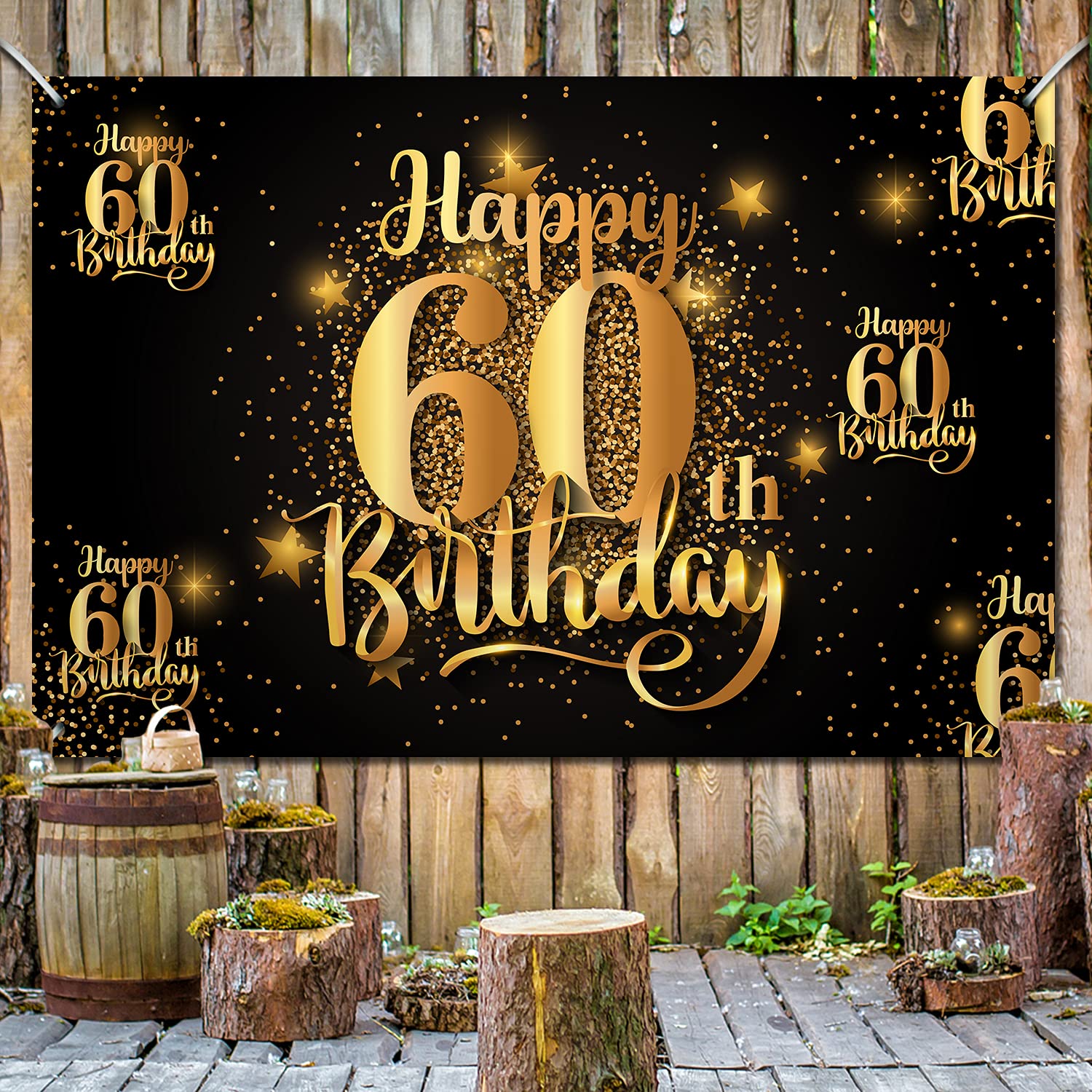 NC Happy 60th Birthday Backdrop Banner Step and Repeat 60 Years Old Background Decorations for Women Men Her Him Photography Party Supplies Glitter Black Gold