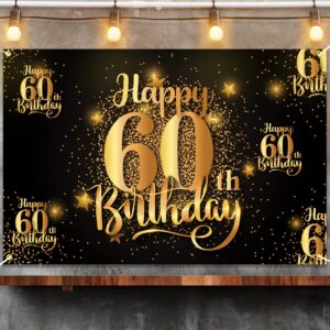NC Happy 60th Birthday Backdrop Banner Step and Repeat 60 Years Old Background Decorations for Women Men Her Him Photography Party Supplies Glitter Black Gold