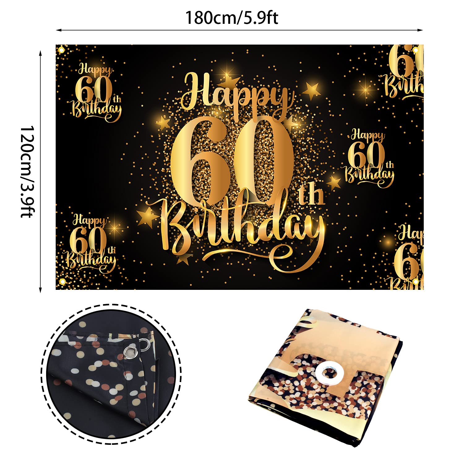 NC Happy 60th Birthday Backdrop Banner Step and Repeat 60 Years Old Background Decorations for Women Men Her Him Photography Party Supplies Glitter Black Gold