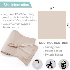 OWLOWLA Swaddle Blanket and Hat Set Newborn Swaddle Wrap Baby Receiving Blanket for Baby Boys Girls(Sand)