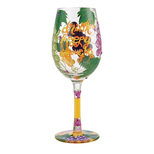 Enesco Designs by Lolita Drink Happy Thoughts Hand-Painted Artisan Wine Glass, 15 Ounce, Multicolor