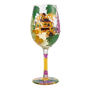 Enesco Designs by Lolita Drink Happy Thoughts Hand-Painted Artisan Wine Glass, 15 Ounce, Multicolor