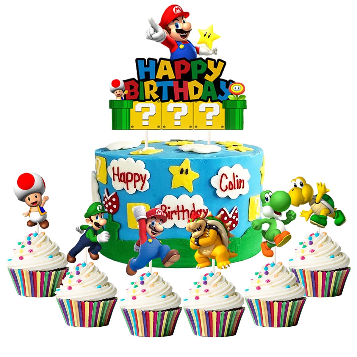 7pcs Acrylic Super Mario Happy Birthday, Mario Bros Smash Cake Topper, Party Supplies for Children