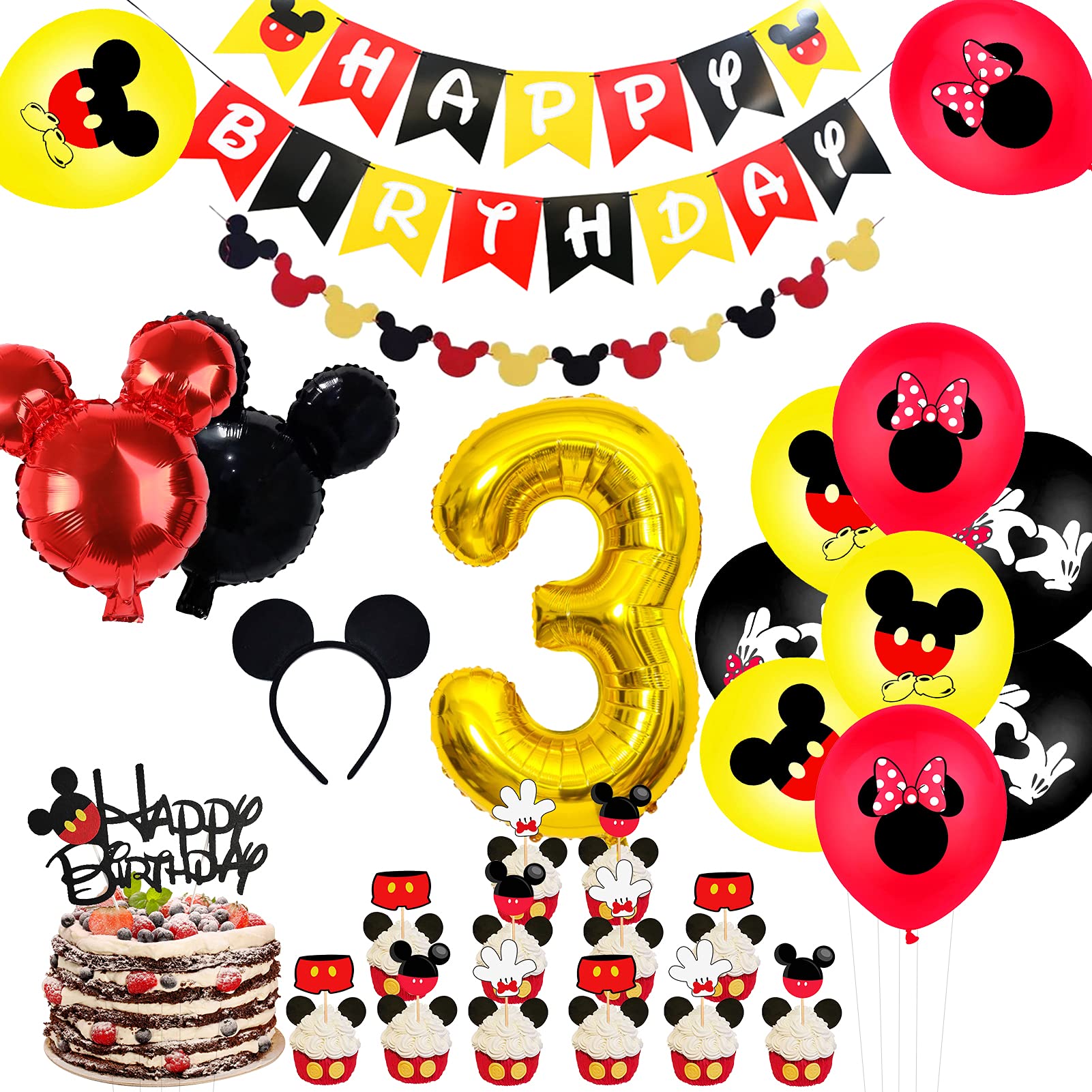 Mickey 3rd Birthday Party Supplies, Mickey 3 Years Old Decorations for boys Three Birthday Decor Red Yellow Black Balloon Banner Number 3 Foil Balloons Mouse Ears Headband for Kids… (black red 3rd)