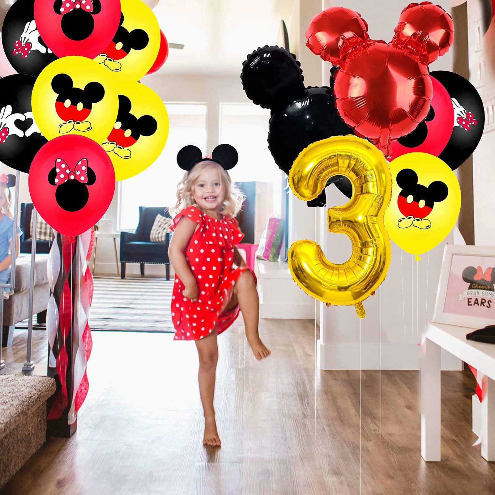 Mickey 3rd Birthday Party Supplies, Mickey 3 Years Old Decorations for boys Three Birthday Decor Red Yellow Black Balloon Banner Number 3 Foil Balloons Mouse Ears Headband for Kids… (black red 3rd)