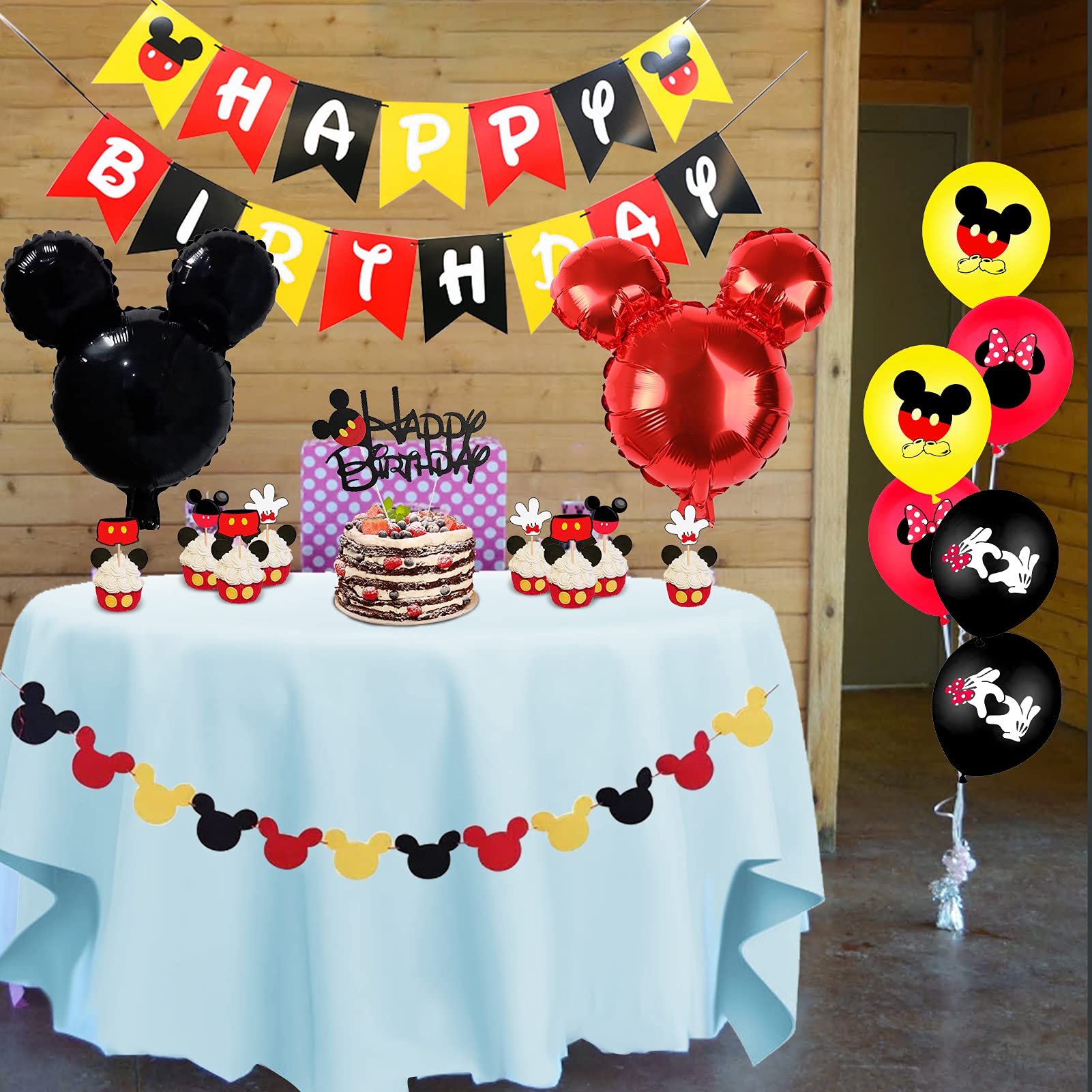 Mickey 3rd Birthday Party Supplies, Mickey 3 Years Old Decorations for boys Three Birthday Decor Red Yellow Black Balloon Banner Number 3 Foil Balloons Mouse Ears Headband for Kids… (black red 3rd)