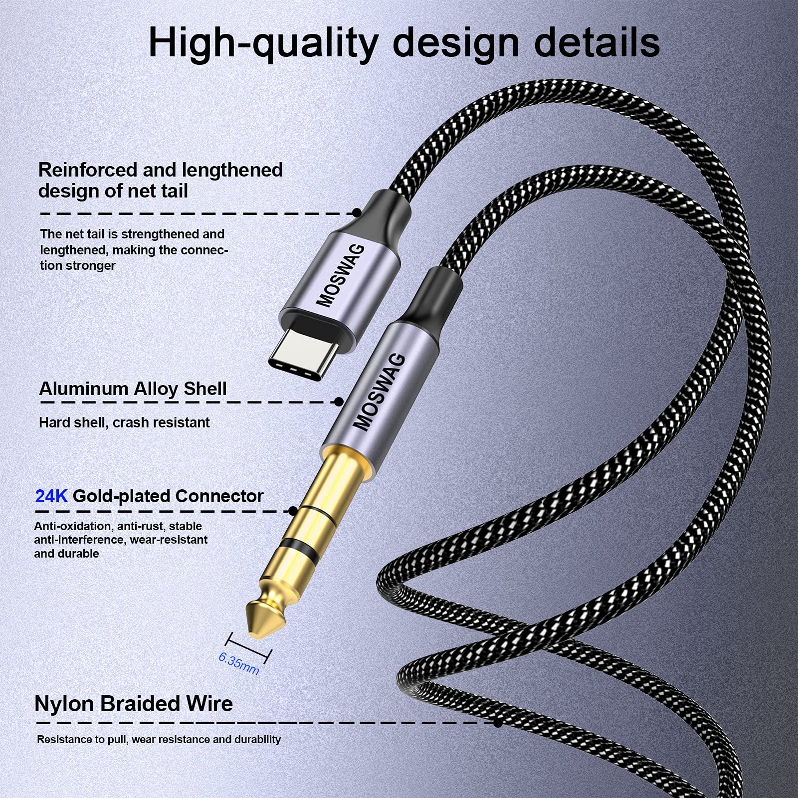 MOSWAG USB C to 6.35mm 1/4 inch TRS Cable 3.28FT/1Meter,Type C to 1/4 Audio Adapter Aux Jack Stereo Cable for Google Pixel 4XL,Galaxy Note 10+/S20+,Amplifier,Speaker,Headphone,Mixing Console