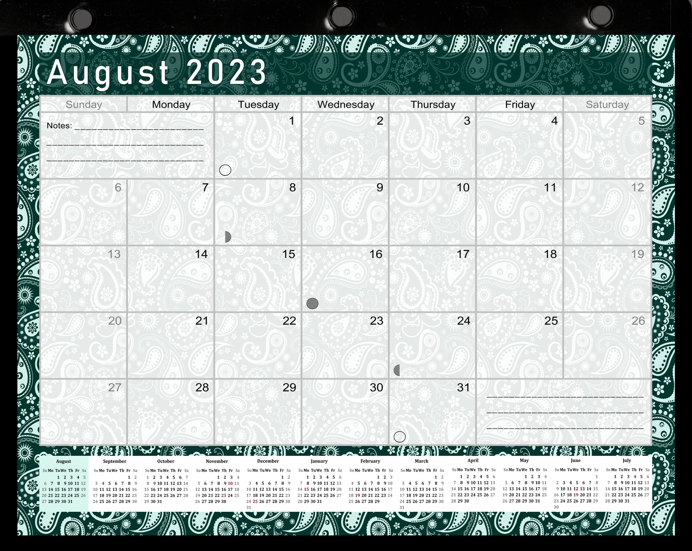 2023-2024 Academic Year 12 Months Student Calendar/Planner in Protective Sleeve for 3-Ring Binder, Desk or Wall -v025 (Green Paisley)