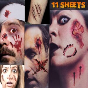 zombie makeup halloween makeup tattoos - 11 sheets fake blood fake scar tattoos halloween makeup kit zombie makeup kit for kids and adults, scary wound stitches vampire makeup fake cuts zombie tattoos