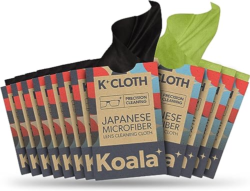 Koala Lens Cleaning Cloth | Japanese Microfiber | Glasses Cleaning Cloths | Eyeglass Lens Cleaner | Eyeglasses, Camera Lens, VR/AR Headset, and Screen Cleaning | Black & Green (Pack of 12)