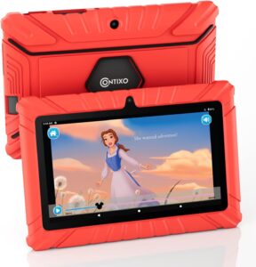 contixo kids tablet v8, 7-inch hd, ages 3-7, toddler tablet with camera, parental control - android 11, 16gb, wifi, learning tablet for children, 50+ disney storybooks apps and kid-proof case, red