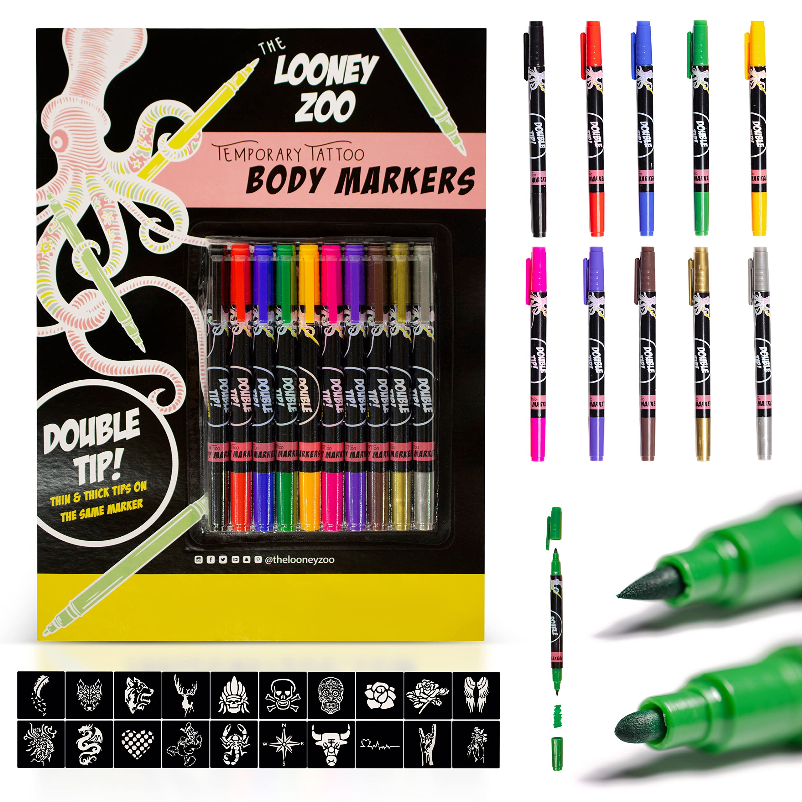 Looney Zoo Temporary Tattoo Markers for Skin, 10 Body Markers + 20 Large Tattoo Stencils for Kids and Adults, Dual-End Pens Make Bold and Fine Lines with Cosmetic-Grade Temporary Tattoo Ink