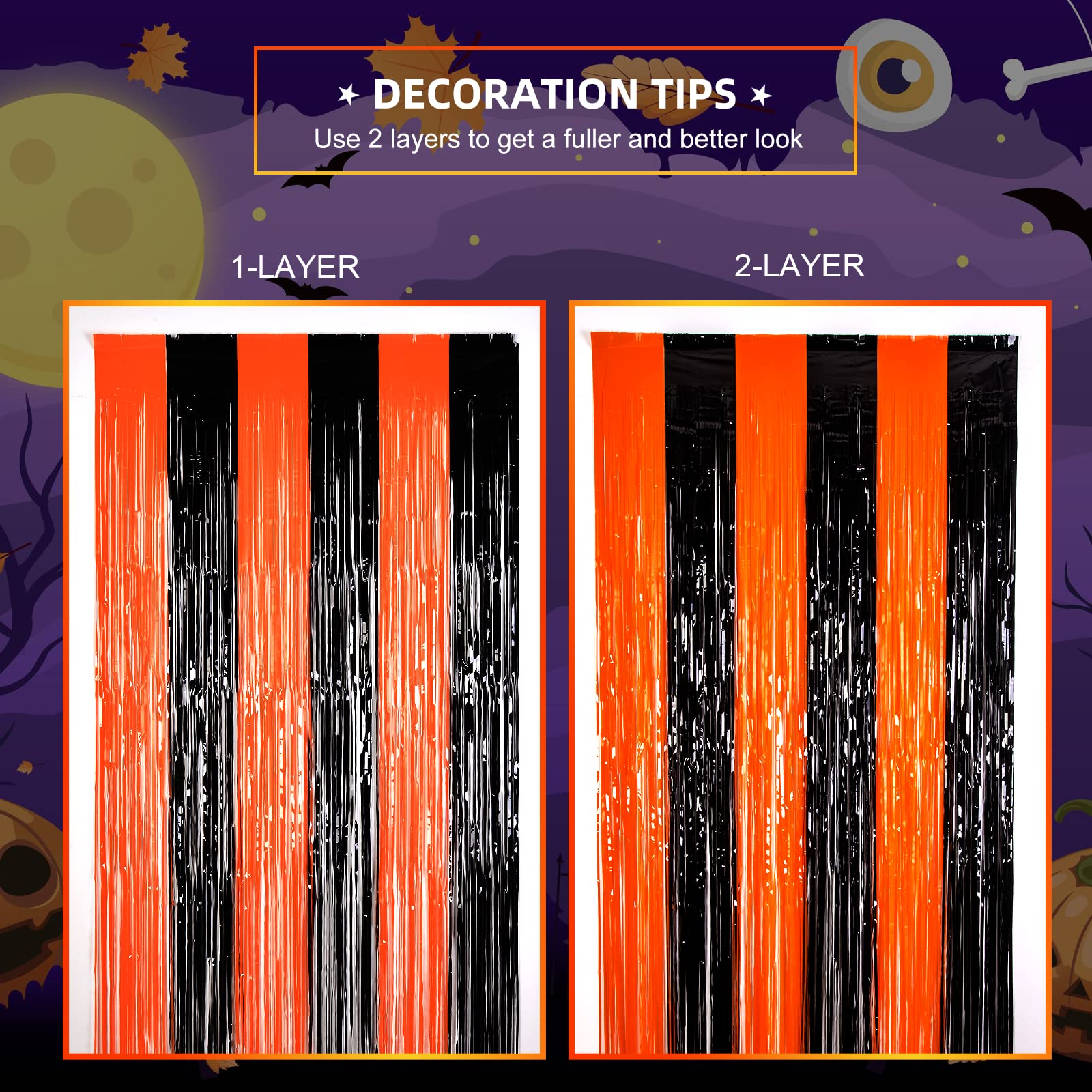 LOLStar 3 Pack Orange Black Photo Booth Props 3.3 X 6.6 ft Halloween Foil Fringe Curtains Halloween Party Photo Backdrop Streamers Backdrop for Birthday Anniversary Party Halloween Party Decoration