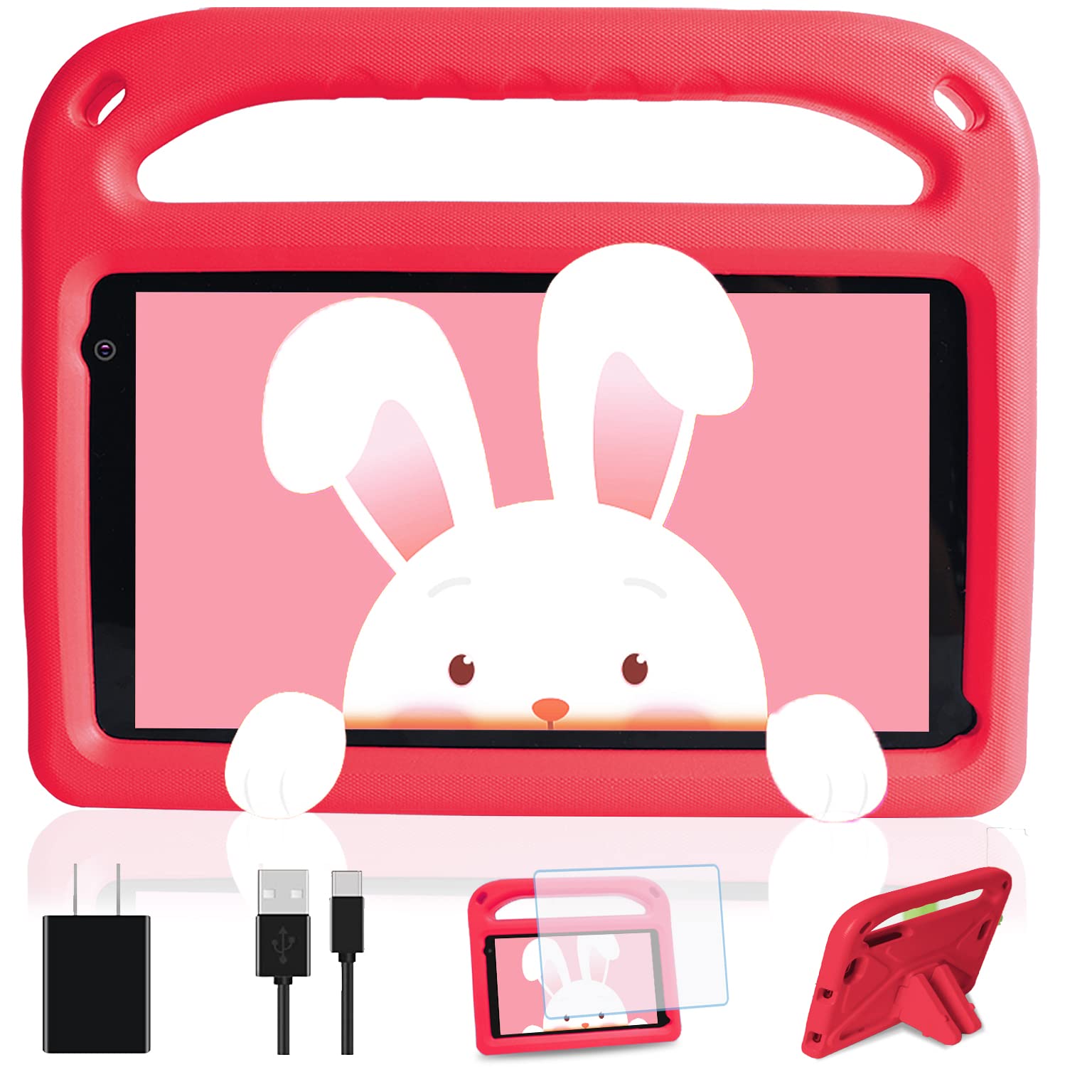 2024 Kids Tablet for Kids Android Tablet 7 inch 128GB Extended Memory, Google Play Installed Parental Control Mode Puzzle Game IPS HD Display, Toddler Tablet with Shock-Proof Case, Red