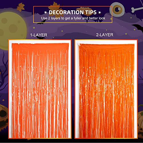 LOLStar Halloween Party Decoration, 3 Pack Orange Photo Booth Props, 3.3 X 6.6 ft Halloween Foil Fringe Curtains, Halloween Party Photo Backdrop, Halloween Streamers for Halloween Party Supplies