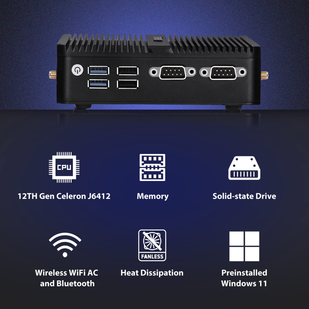 VENOEN Fanless Mini PC Windows 11, 12th Gen Celeron J6412, 8GB DDR4 RAM, 256GB SSD, 2.5inch SATA, Dual HD-MI, DP, 3-Display, 2* DB9 COM, 2* RJ45 LAN, Mini PCI E WiFi, BT, Small Computer, Low Power