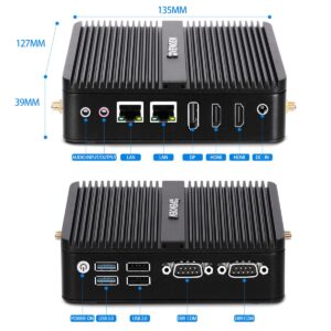 VENOEN Fanless Mini PC Windows 11, 12th Gen Celeron J6412, 8GB DDR4 RAM, 256GB SSD, 2.5inch SATA, Dual HD-MI, DP, 3-Display, 2* DB9 COM, 2* RJ45 LAN, Mini PCI E WiFi, BT, Small Computer, Low Power